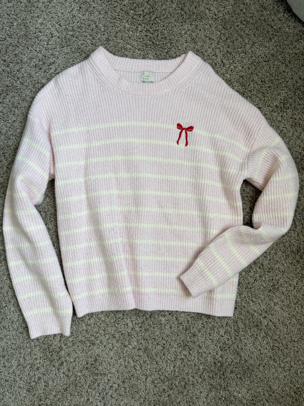 a new day Pink & Cream Striped Crewneck Sweater with Red Bow